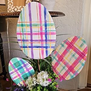 Plaid Pink, Blue, White, and Green Egg Metal Stakes Set of 3